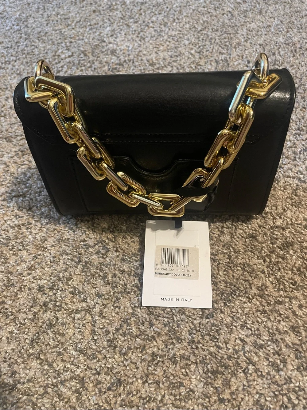 NWT Borsa San232 Black Leather Satchel with Gold Chain Handle and Hardware